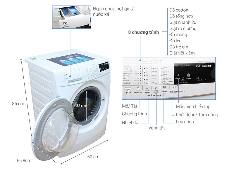 Thông số kỹ thuật Máy giặt Electrolux 8 kg EWF10843
