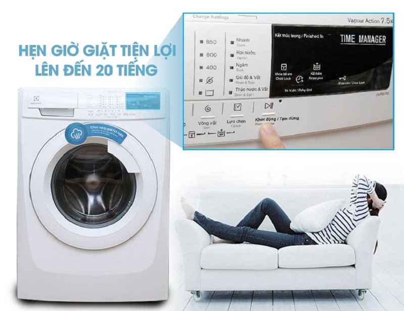 Tính năng hẹn giờ giặt từ máy giặt Electrolux EWF10843 sẽ giúp bạn kiểm soát được thời gian giặt áo quần