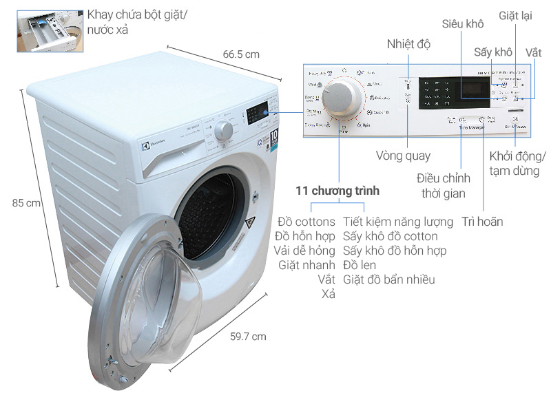 Thông số kỹ thuật Máy giặt sấy Electrolux Inverter 8 kg EWW12842