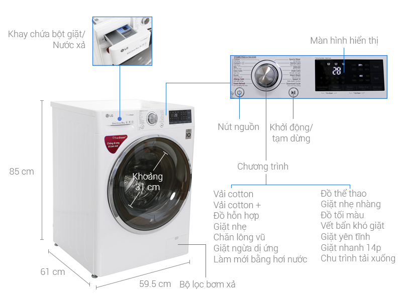 Thông số kỹ thuật Máy giặt LG Inverter 9 kg FC1409S2W