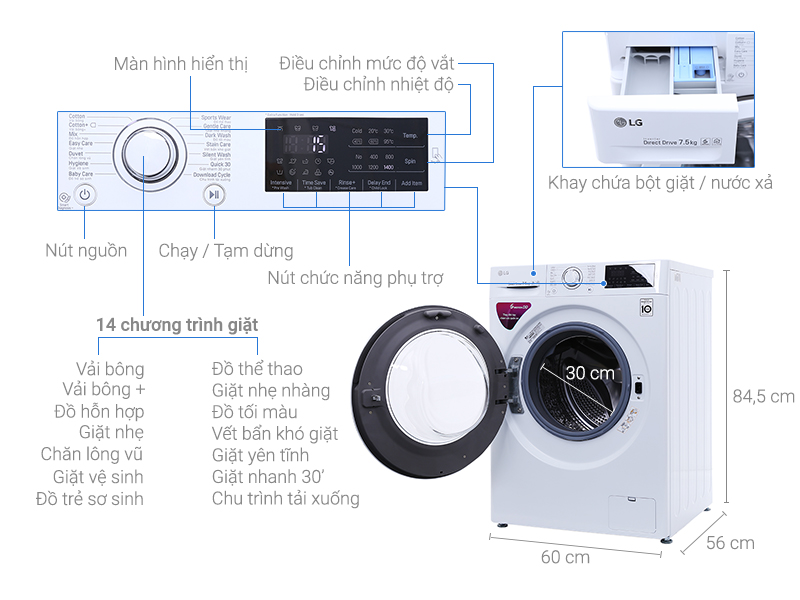 Thông số kỹ thuật Máy giặt LG Inverter 7.5 kg FC1475N5W2