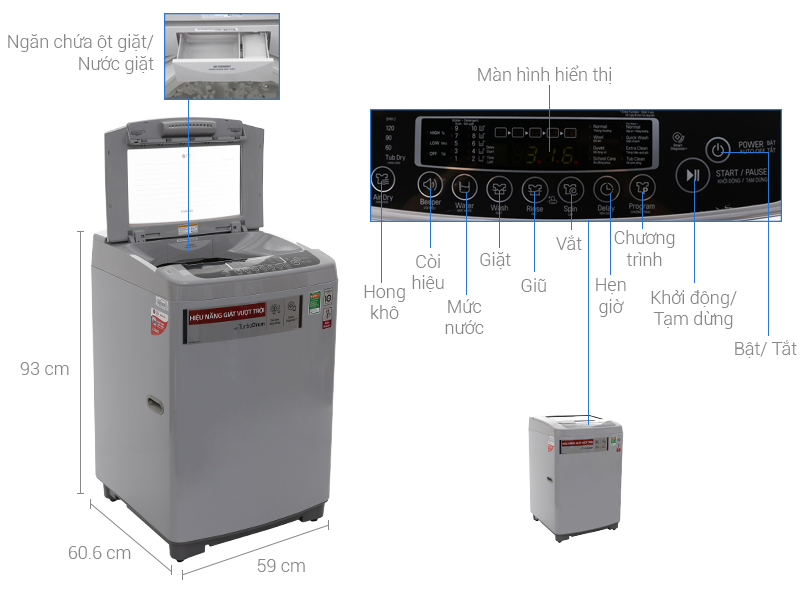 Thông số kỹ thuật Máy giặt LG Inverter 9.5 kg T2395VSPM
