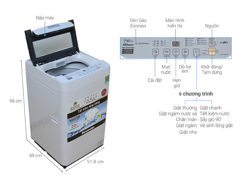 Thông số kỹ thuật Máy giặt Panasonic 7.6 kg NA-F76VG9HRV