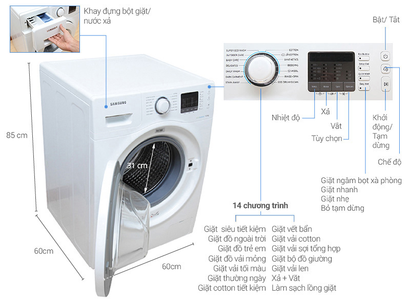 Thông số kỹ thuật Máy giặt Samsung 8 kg WW80H5290EW/SV