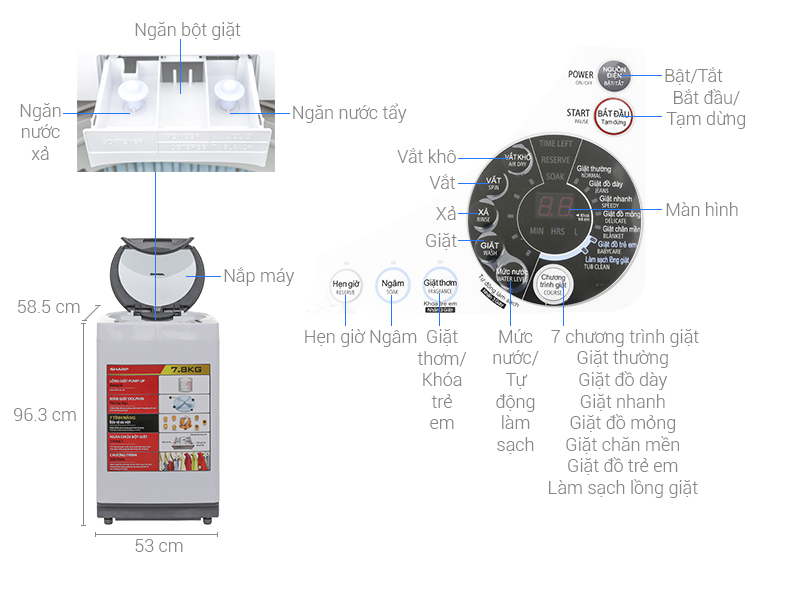 Thông số kỹ thuật Máy giặt Sharp 8 kg ES-U80GV-H