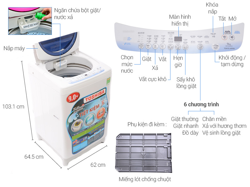 Thông số kỹ thuật Máy giặt Toshiba 9kg AW-B1000GV