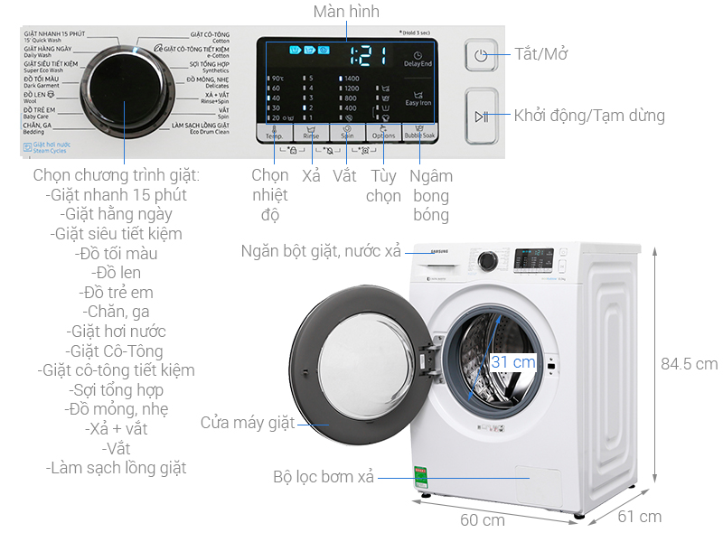 Thông số kỹ thuật Máy giặt Samsung Inverter 8 kg WW80J54E0BW/SV