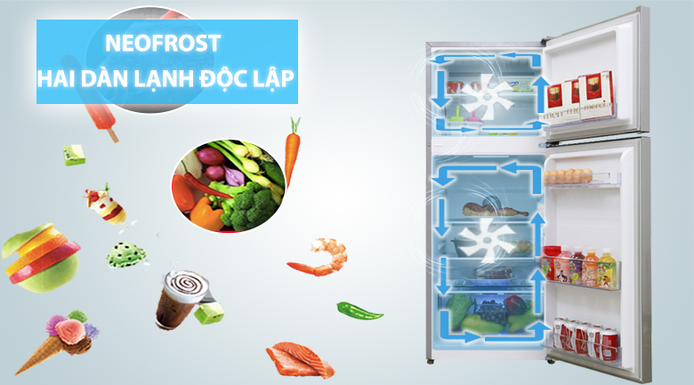 2 dàn lạnh độc lập NeoFrost giúp giữ mùi vị thực phẩm không bị trộn lẫn - Tủ lạnh Beko Inverter 200 lít RDNT200I50VS